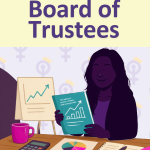 Recruitment poster inviting applications to join the Board of Trustees, with a person holding a finance report.